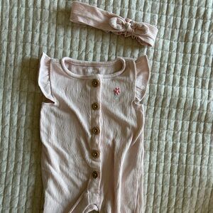 Carter's Pink Baby Romper with Floral Detail and matching headband